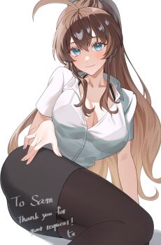 1girl absurdres ahoge black_bra black_pantyhose black_skirt blue_eyes bra bra_visible_through_clothes breasts brown_hair cleavage collarbone collared_shirt commission highres indie_virtual_youtuber large_breasts long_hair office_lady pantyhose sam_(vtuber) second-party_source shike_(i_am_morafeti) shirt short_sleeves simple_background skeb_commission skirt smile solo underwear virtual_youtuber white_background white_shirt