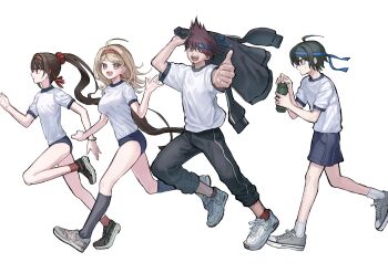 2boys 2girls ahoge akamatsu_kaede blonde_hair bottle commentary_request danganronpa_(series) danganronpa_v3:_killing_harmony exercising eyelashes facial_hair from_side goatee gym_shirt gym_shorts gym_uniform hair_between_eyes hair_ornament happy harukawa_maki highres holding holding_bottle izunayasan kneehighs light_blush long_hair looking_at_viewer momota_kaito multiple_boys multiple_girls one_eye_closed open_mouth pants pants_rolled_up ponytail profile promotional_art purple_eyes purple_hair running saihara_shuichi shirt shoes short_hair shorts simple_background smile sneakers socks spiked_hair thumbs_up very_long_hair waving white_background