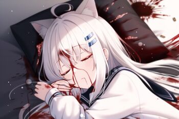 1girl ahoge animal_ear_fluff animal_ears blood blood_on_bed blood_on_clothes blood_on_face blood_on_hands blood_on_mouth blood_on_pillow blush bullet cat_ears cat_girl cat_tail commentary_request corpse dying execution flower furrowed_brow guro hair_ornament hairclip hand_on_own_face highres linjia_kaidi on_bed original parallel_hairclips pillow ryona tail white_hair white_tail