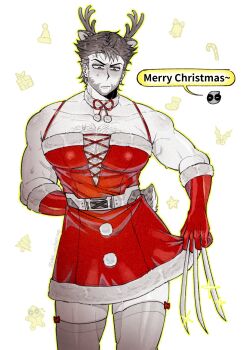 2boys antlers bare_shoulders belt blush brown_hair chest_hair christmas claw_(weapon) clenched_hand closed_mouth collarbone commentary deadpool deadpool_&amp;_wolverine deadpool_(series) deer_tail dress english_text facial_hair fur-trimmed_dress fur-trimmed_gloves fur_trim gloves hairy heart highres horns k4nc_wolverine large_pectorals male_focus marvel marvel merry_christmas multiple_boys muscular muscular_male pectorals pom_pom_(clothes) red_dress red_gloves reindeer_antlers short_hair sleeveless sleeveless_dress solo_focus spaghetti_strap speech_bubble sweatdrop symbol-only_commentary tail thighhighs thighs trap veins veiny_arms weapon wolverine_(x-men) x-men