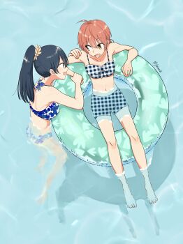 Rule 34 | 2girls, absurdres, bikini, black hair, blue bikini, buoy, from above, highres, innertube, koito yuu, multiple girls, nanami touko, nyamo, orange hair, plaid bikini, plaid clothes, ponytail, pool, swim ring, swimsuit, water, yagate kimi ni naru