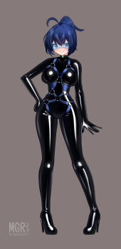 1girl absurdres ahoge black_bodysuit blue_eyes blue_hair bodysuit breasts full_body grey_background hand_on_own_hip harness high_heels highres impossible_bodysuit impossible_clothes large_breasts latex latex_bodysuit maguro27 original pigeon-toed ponytail shiny_clothes skin_tight smile solo standing sunglasses