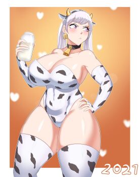1girl 2021 animal_ears animal_print arm_sleeves armpits black_clover blush bottle breasts choker cleavage cow_girl cow_print cowbell curvy earrings hand_on_own_hip heart highres horns jewelry large_breasts linkxs long_hair looking_to_the_side milk milk_bottle noelle_silva pout purple_eyes simple_background solo thick_thighs thighhighs thighs twintails white_hair wide_hips