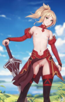 1girl bare_shoulders black_thighhighs blurry blurry_background braid clarent_(fate) cleft_of_venus clothing_aside cloud detached_collar detached_sleeves fate/apocrypha fate/grand_order fate_(series) gluteal_fold green_eyes hair_ornament hair_scrunchie highres looking_at_viewer mordred_(fate) navel nipples outdoors pelvic_curtain pelvic_curtain_aside personal_ami petite planted planted_sword planted_weapon ponytail pussy scrunchie skindentation sky solo sword thighhighs tomboy topless_female uncensored weapon wind