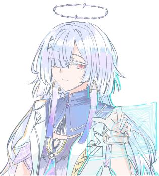 Rule 34 | 1girl, closed mouth, colored eyelashes, commentary request, earrings, grey hair, hachikuma z, hair over one eye, halo, hand up, highres, holographic interface, jacket, jewelry, long hair, looking at viewer, mornye (wuthering waves), red eyes, simple background, solo, triangle earrings, upper body, white background, white jacket, wuthering waves