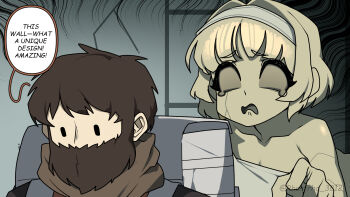 1boy 1girl angel angel_statue backpack bag beard breasts brown_hair cleavage dress english_text facial_hair grey_dress grey_hairband hairband highres junkzero original single_bare_shoulder speech_bubble statue