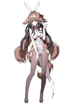 1girl absurdres adapted_costume animal_ear_hairband animal_ears bare_shoulders black_shoes breasts brown_hair brown_pantyhose brown_tail china_dress chinese_clothes cleavage closed_mouth clothing_cutout clover clover_hair_ornament commentary_request dress droopy_ears fake_animal_ears full_body hair_intakes hair_ornament hairband hand_up highres large_breasts long_hair looking_at_viewer pantyhose pelvic_curtain rabbit_ear_hairband rabbit_ears red_eyes shoes simple_background smile solo taiyaki12 thigh_cutout unfinished white_background white_dress white_hairband ye_shunguang zenless_zone_zero