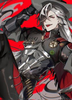 1boy arm_up armor belt black_belt black_eyes black_hair black_hat black_jacket black_pants boothill_(honkai:_star_rail) bullet_earrings cape cowboy_hat cyborg earrings grey_armor hair_over_one_eye hand_on_headwear hat highres honkai:_star_rail honkai_(series) jacket jewelry long_hair long_sleeves looking_at_viewer male_focus mechanical_arms mechanical_hands multicolored_hair open_mouth pants red_background red_cape red_pupils sharp_teeth sheriff_badge simple_background smile solo star_(symbol) tassel teeth tongue tongue_out two-tone_hair uouououofish v-shaped_eyebrows white_hair zipper