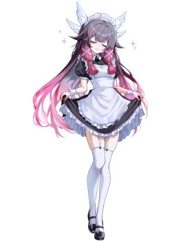 1girl absurdres alternate_costume apron black_hair black_shoes closed_eyes closed_mouth columbina_(genshin_impact) enmaided facing_viewer floating_hair full_body garter_straps genshin_impact highres long_hair maid maid_apron maid_headdress multicolored_hair purple_hair shoes simple_background smile solo sparkle stale_beer_(kinonuketa_biiru) standing thighhighs two-tone_hair white_apron white_background white_garter_straps white_thighhighs zettai_ryouiki