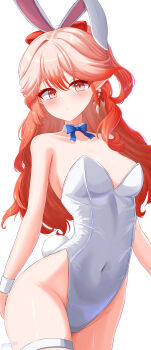 1girl absurdres alternate_costume animal_ears arknights artist_name bare_shoulders blue_bow blue_bowtie blush bow bowtie breasts cleavage closed_mouth collarbone commentary covered_navel cowboy_shot detached_collar earrings fake_animal_ears groin hair_between_eyes haruka_(arknights) highleg highleg_leotard highres jewelry leotard long_hair looking_at_viewer medium_breasts orange_eyes orange_hair playboy_bunny pointy_ears simple_background solo standing strapless strapless_leotard thigh_strap white_background white_leotard yeong100