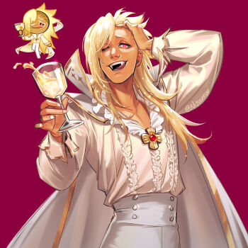 +_+ 1boy ;d aegyo_sal alcohol androgynous arm_up asymmetrical_bangs asymmetrical_hair blonde_hair bright_pupils brooch buttons cape center_frills cookie_run cookie_run:_kingdom cowboy_shot cup double-breasted drinking_glass fangs fingernails frilled_shirt frills from_below gem glass hair_behind_ear hair_over_shoulder hand_on_own_head hand_up high-waist_pants holding holding_cup humanization jewelry licking_lips long_hair long_sleeves looking_at_viewer male_focus nijuuni official_alternate_color official_alternate_eye_color official_alternate_hair_color official_art_inset one_eye_closed open_mouth pants puffy_long_sleeves puffy_sleeves raised_inner_eyebrows red_background red_eyes red_gem reference_inset shirt sidecut simple_background smile solo sparkle standing teeth tongue tongue_out twitter_username undercut vampire_cookie vampire_cookie_(blanco) white_cape white_pants white_pupils wine wine_glass yellow_shirt
