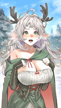 1girl absurdres antlers blue_sky blush breasts breath cleavage cloak collarbone commentary_request cowboy_shot detached_sleeves dress green_cloak green_dress green_eyes green_sleeves grey_hair hands_on_own_chest hands_up highres horns kkachi_(limkkachi) korean_commentary large_breasts long_hair nose_blush open_mouth original outdoors pointy_ears sidelocks sky smile solo standing strapless strapless_dress winter