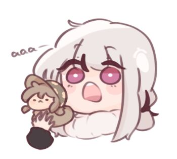 1girl artist_self-insert black_hair blush_stickers chibi chonkyorca commentary grey_hair hand_up holding imminent_vore long_sleeves lowres multicolored_hair open_mouth orca_(chonkyorca) original portrait puffy_long_sleeves puffy_sleeves purple_eyes simple_background sleeves_past_wrists streaked_hair symbol-only_commentary teeth turtleneck upper_teeth_only white_background