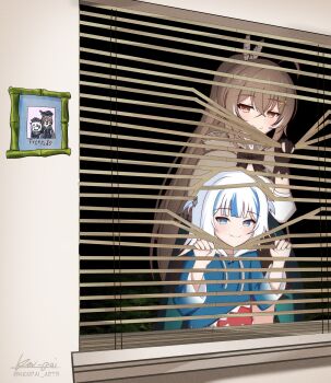 2girls :3 artist_name black_gloves blue_eyes blue_hair blush bow bowtie bright_pupils brown_bow brown_bowtie brown_capelet brown_eyes brown_hair capelet drawstring gawr_gura gawr_gura_(1st_costume) gloves hands_up hat highres hololive hololive_english hood hood_down ken-pai_(kenpai_arts) long_hair long_sleeves looking_at_viewer mortarboard multicolored_hair multiple_girls nanashi_mumei nanashi_mumei_(1st_costume) partially_fingerless_gloves picture_frame smile streaked_hair twitter_username upper_body virtual_youtuber white_hair white_pupils window window_blinds