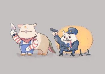 anoko_(chiikawa) chiikawa chucky chucky_(cosplay) commentary_request cosplay creature dekatsuyo_(chiikawa) furrowed_brow grey_background horns nagasode_(nagasode0123) no_humans simple_background single_horn standing