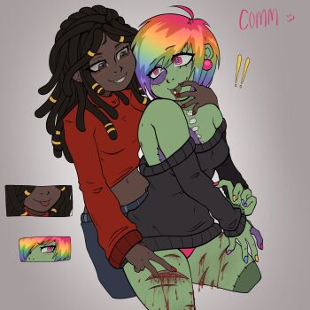 blood blood_on_hands commentary cuts dark-skinned_female dark-skinned_male dark_skin english_commentary feeding force-feeding guro highres implied_drugging injury interracial multicolored_hair off_shoulder original pill prepare4surgery rainbow_hair self-harm sweater thigh_cutting underwater very_dark_skin yuri