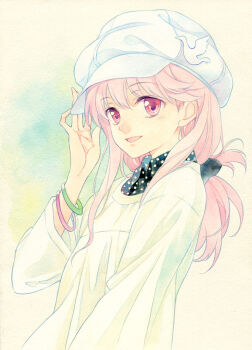 1girl :d agahari alternate_costume animal_print bird_print black_shirt blouse blush bracelet casual collared_shirt eyebrows female_focus hat hat_tip jewelry long_hair long_sleeves low_ponytail meigo_arisa open_mouth painting_(medium) pink_hair polka_dot ponytail red_eyes shirt smile solo toaru_majutsu_no_index toaru_majutsu_no_index:_endymion_no_kiseki traditional_media upper_body watercolor_(medium) white_hat white_shirt