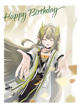 1girl arknights autumn birthday blush choker elf famikaito highres mole muelsyse_(arknights) open_hands pointy_ears raincoat smile sweater twitter_username