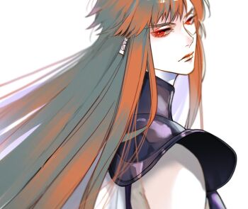 Rule 34 | 1boy, aquarius camus, armor, bare shoulders, bishounen, breastplate, closed mouth, commentary, english commentary, eyelashes, floating hair, lips, long hair, looking at viewer, looking back, male focus, pauldrons, red eyes, saint seiya, shoulder armor, sidelocks, simple background, sleeveless, solo, upper body, white background, ykmr (haga)