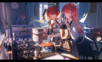 +_+ 2girls ;) apron arknights black_jacket black_necktie bright_pupils brown_apron chair chinese_commentary clock closed_mouth collared_shirt commentary_request cooking day detached_wings exusiai_(arknights) exusiai_the_new_covenant_(arknights) eyes_visible_through_hair fashi_laizi_weilai finger_to_mouth food fork frying_pan hair_between_eyes halo hands_up highres holding hungry indoors jacket kitchen lemuen_(arknights) letterboxed light_particles long_hair long_sleeves looking_at_viewer multiple_girls necktie one_eye_closed one_side_up pink_eyes pink_hair plate red_hair shirt short_hair shushing siblings sisters smile standing steam stove sunlight traditional_halo white_pupils white_shirt wings yellow_eyes yellow_halo