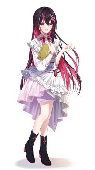 1girl :d absurdres apron asymmetrical_sidelocks azki_(4th_costume)_(hololive) azki_(hololive) black_boots black_hair boots bow bowtie bracelet braid collared_dress colored_inner_hair commentary_request double-parted_bangs dress frilled_apron frills full_body gradient_clothes gradient_dress hair_intakes hair_ornament hairclip half_up_braid high-low_dress high_heel_boots high_heels highres holding hololive jewelry layered_dress long_hair looking_at_viewer mamdtsubu mole mole_under_eye multicolored_hair open_mouth pink_bow pink_bowtie pink_dress pink_hair purple_eyes purple_skirt sidelocks skirt skirt_under_dress smile solo streaked_hair tachi-e teeth three-quarter_sleeves upper_teeth_only very_long_hair virtual_youtuber white_apron white_dress white_hair