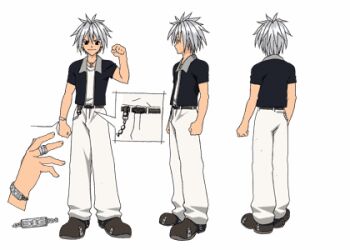 00s 1boy boots chain reference_sheet haru_glory jewelry lowres male_focus model_sheet multiple_views necklace open_clothes open_shirt rave_(manga) ring shirt silver_hair spiked_hair turnaround