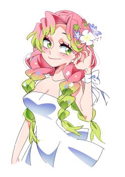 1girl blue_flower braid breasts cleavage closed_mouth clover dress flower gradient_hair green_eyes green_hair hair_flower hair_ornament hand_in_own_hair highres kanroji_mitsuri kimetsu_no_yaiba medium_breasts mole mole_under_eye multicolored_hair multiple_braids parted_bangs pink_hair ribbon smile solo soyeonp19 upper_body white_background white_dress white_flower wrist_ribbon