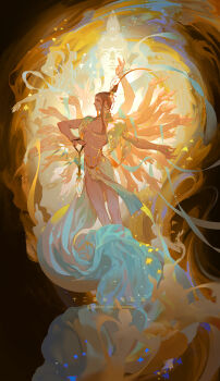 1boy 2020 4others artist_name bindi blue_eyes blue_shawl bracelet brown_hair chinese_commentary chinese_text closed_mouth dated extra_arms extra_eyes full_body green_eyes guanyin hair_ornament high_ponytail highres holding holding_lantern jewelry lantern lian_yao long_hair looking_to_the_side male_focus multiple_others original pelvic_curtain pointy_ears ponytail shawl sidelocks solo yellow_theme