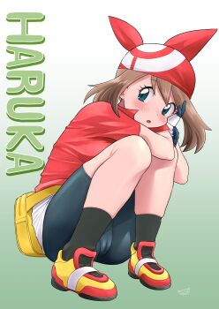 1girl bandana bike_shorts blue_eyes blush breasts brown_hair cameltoe commentary_request english_text full_body gloves gradient_background green_background highres looking_at_viewer may_(pokemon) medium_hair nintendo pokemon pokemon_(anime) pokemon_the_series:_ruby_and_sapphire red_bandana red_shirt shirt short_sleeves shorts solo squatting suika_blue thighs white_background
