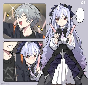 ! ... 1boy 1girl absurdres ahoge ascot blush bow bowtie closed_eyes closed_mouth commentary_request crossed_bangs drill_hair gem glowstick hair_between_eyes hairband heart highres holding holding_glowstick long_hair looking_at_another mole mole_under_eye motion_lines ooyun open_mouth penlight_(glowstick) pointy_ears purple_ascot purple_bow purple_bowtie purple_gem purple_hair purple_hairband red_eyes shrug_(clothing) sparkle spoken_ellipsis spoken_exclamation_mark twitter_username vivian_banshee white_shrug wise_(zenless_zone_zero) zenless_zone_zero