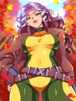 1girl artist_name autumn autumn_leaves blush bodysuit breasts brown_hair clothing_cutout commentary earrings falling_leaves green_bodysuit hand_on_own_hip highres hoop_earrings jewelry large_breasts leaf long_hair looking_at_viewer marvel marvel_rivals mingway multicolored_bodysuit multicolored_hair navel_cutout rogue_(x-men) solo two-tone_bodysuit two-tone_hair white_hair x-men yellow_bodysuit
