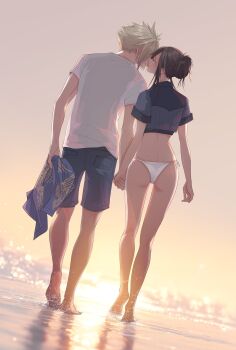 1boy 1girl ass bare_legs barefoot beach bikini bikini_bottom_only black_hair blonde_hair cloud_strife cloud_strife_(ocean_chocobo) commentary_request couple crop_top final_fantasy final_fantasy_vii final_fantasy_vii_rebirth final_fantasy_vii_remake from_behind full_body hair_bun hair_up hetero highres holding holding_hands holding_unworn_clothes kiss legs mixmomo_yah official_alternate_costume official_alternate_hairstyle outdoors reflection reflective_liquid shirt short_sleeves shorts side-tie_bikini_bottom sidelocks spiked_hair sunset swimsuit thigh_gap tifa_lockhart tifa_lockhart_(majestic_glamour) walking water white_bikini white_shirt