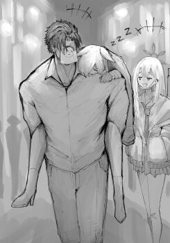 1boy 2girls absurdres android_(blue_archive) animal_ears blue_archive carrying doodle_sensei_(blue_archive) greyscale halo high_heels highres kanna_(blue_archive) konoka_(blue_archive) long_hair looking_at_another loose_necktie mask_pull miniskirt monochrome multiple_girls muscular muscular_male necktie open_mouth piggyback pleated_skirt sensei_(blue_archive) skirt sleeping tehhau_(sup_calon) zzz