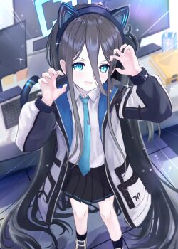 1girl :d absurdly_long_hair absurdres animal_ear_hairband animal_ears aqua_eyes aqua_halo aris_(blue_archive) black_hair black_hairband black_jacket black_skirt black_socks black_tail blue_archive blue_jacket blue_necktie blurry blurry_background cat_ear_hairband cat_ears cat_tail claw_pose collared_shirt commentary_request computer_keyboard double-parted_bangs emphasis_lines fake_animal_ears fake_tail hair_between_eyes hairband halo hands_up highres jacket long_bangs long_hair long_hair_between_eyes long_sidelocks long_sleeves looking_at_viewer lower_teeth_only monitor multicolored_jacket necktie one_side_up open_clothes open_jacket open_mouth pleated_skirt puffy_long_sleeves puffy_sleeves rectangular_halo ringed_eyes shirt shoes sidelocks skirt smile socks solo sparkle standing tail tail_raised teeth thomason366 tie_clip tile_floor tiles two-sided_fabric two-sided_jacket v-shaped_eyebrows very_long_hair white_jacket white_shirt white_shoes