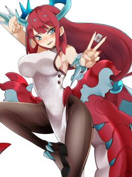 1girl alternate_costume aqua_eyes arm_up blush breasts chinese_clothes dragon_girl dragon_horns dragon_tail dragon_wings duel_monster fishnet_pantyhose fishnets highres horns kitchen_dragonmaid large_breasts long_hair low-tied_long_hair low_wings mahjong mahjong_tile okirune_(yappa_neruwa) open_mouth pantyhose pelvic_curtain red_hair simple_background solo tail very_long_hair white_background wings yu-gi-oh!