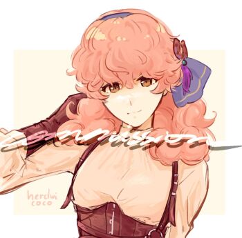 1girl breasts brown_eyes brown_gloves commentary_request curly_hair fire_emblem fire_emblem_echoes:_shadows_of_valentia fluffy_hair genny_(fire_emblem) gloves hairband herdwicoco highres long_sleeves looking_at_viewer medium_hair nintendo pink_hair sign small_breasts solo upper_body