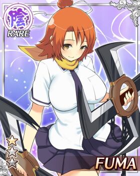 1girl blue_necktie blue_skirt breasts brown_eyes card_(medium) chain closed_mouth fuma_(senran_kagura) fuuma_shuriken game_cg hair_ribbon hanzou_academy_school_uniform holding holding_shuriken holding_weapon large_breasts medium_hair necktie non-web_source official_alternate_costume official_art orange_hair pleated_skirt ribbon scarf school_uniform senran_kagura senran_kagura_new_wave shuriken skirt smile solo standing topknot weapon white_ribbon yellow_scarf
