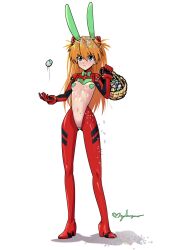 Rule 34 | 1girl, :&lt;, adapted costume, blue eyes, blush, bodysuit, breasts, chibi, closed mouth, collar, easter, full body, hair between eyes, hair ornament, hair ribbon, heart pasties, interface headset, long hair, looking to the side, maho malice, meme attire, navel, neon genesis evangelion, orange hair, pasties, plugsuit, red bodysuit, revealing clothes, reverse bunnysuit, reverse outfit, ribbon, shiny clothes, signature, simple background, skin tight, solo, souryuu asuka langley, standing, tsundere, very long hair, white background, wide hips