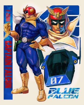 1boy absurdres armor belt blue_bodysuit blue_falcon bodysuit boots captain_falcon f-zero f-zero_gx gloves hand_on_own_hip helmet highres kornart nintendo pauldrons red_helmet scarf shoulder_armor single_pauldron yellow_boots yellow_gloves yellow_scarf