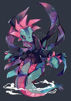 Rule 34 | animal focus, black fur, black sclera, blue fur, colored sclera, dragon, fangs, feathers, full body, gen 5 pokemon, grey background, hydreigon, looking at viewer, multiple heads, nintendo, no humans, open mouth, pink eyes, pink feathers, pokemon, pokemon (creature), pokemon focus, simple background, solo, sparkle, uraura8yama, wings