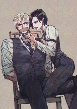 1boy 1girl ada_wong arms_behind_back assertive_female black_hair black_necktie black_pants black_vest blonde_hair chair collared_shirt gag grey_background hand_on_another's_chin highres improvised_gag leon_s._kennedy necktie nul pants parted_bangs parted_lips pinstripe_pants pinstripe_pattern red_lips resident_evil restrained shirt short_hair sitting smile tape tape_gag vest waistcoat white_shirt