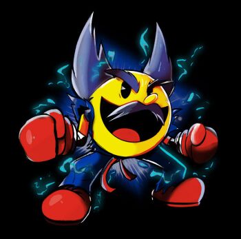 1boy black_background black_hair crossover facial_hair gloves japanese_clothes kevin_fagaragan male_focus mishima_heihachi mustache nintendo pac-man pac-man_(game) short_hair smile solo spiked_hair super_smash_bros. tekken video_game