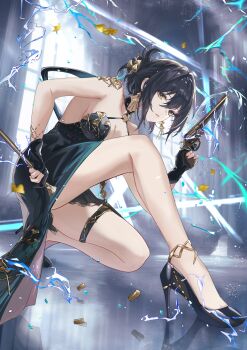 1girl absurdres asymmetrical_dual_wielding bare_shoulders black_gloves black_hair breasts chinese_commentary cleavage collarbone commentary_request dagger dress dual_wielding earrings electricity falling_leaves full_body gloves gold green_dress gun hair_between_eyes hair_ornament halterneck hand_up handgun high_heels highres holding holding_dagger holding_gun holding_knife holding_weapon indoors jewelry knife leaf legs light_particles light_trail longjing_(xinyue_tongxing) looking_at_viewer medium_breasts medium_hair o-ring on_one_knee parted_lips partial_commentary partially_fingerless_gloves reflective_floor revolver shell_casing sidelocks sleeveless sleeveless_dress solo stiletto_(weapon) thigh_strap thighs vardan weapon window xinyue_tongxing yellow_eyes