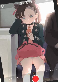 1girl asymmetrical_bangs backpack bag black_choker black_jacket black_nails brown_hair choker closed_mouth commentary_request dot_mouth dress earrings gen_4_pokemon green_eyes hair_ribbon highres holding holding_phone jacket jewelry looking_down marnie_(pokemon) nail_polish nintendo open_clothes open_jacket panties pantyshot phone pink_dress pokemon pokemon_(creature) pokemon_swsh recording ribbon rotom rotom_phone samidare_(hoshi) sitting timer underwear unworn_backpack unworn_bag