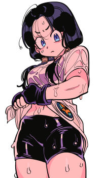 1girl absurdres bike_shorts black_hair black_shorts blue_eyes breasts commentary dragon_ball dragonball_z fingerless_gloves gloves highres korean_commentary looking_at_viewer margare medium_breasts shirt shorts simple_background solo videl wet wet_clothes wet_shirt white_shirt wringing_clothes