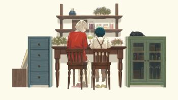 1boy 1girl absurdres age_difference akiwashi cat chair cupboard desk from_behind highres mahou_no_nai_sekai_de_ikiru_to_iu_koto onee-shota plant potion potted_plant shelf suspenders white_hair wooden_chair wooden_desk