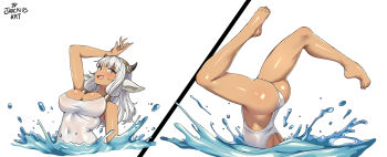 1girl absurdres alternate_costume animal_ears arm_up ash_(fire_emblem) ass bare_legs barefoot breasts cleavage covered_navel cow_ears dark-skinned_female dark_skin feet fire_emblem fire_emblem_heroes highres horns jarckius large_breasts leg_up legs multiple_views nintendo one-piece_swimsuit partially_submerged shiny_skin simple_background skindentation smile solo splashing swimming swimsuit synchronized_swimming tan thighs water watermark wet white_background white_hair white_one-piece_swimsuit yellow_eyes