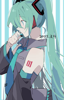 1girl absurdres adjusting_headset blue_eyes blue_necktie collared_shirt commentary_request dated detached_sleeves from_side grey_shirt hatsune_miku headset highres long_hair looking_ahead necktie nekoma_hikaru shirt shoulder_tattoo solo tattoo twintails upper_body very_long_hair vocaloid