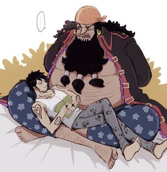 ... 2boys arm_tattoo arms_behind_back bandana barefoot beard belly black_hair book chest_tattoo closed_eyes closed_mouth coat collared_coat commentary_request denim earrings facial_hair fat fat_man finger_tattoo frills goatee hairy hand_tattoo height_difference highres jeans jewelry k84612 leg_hair long_hair long_nose long_sleeves looking_at_another lying lying_on_person male_focus marshall_d._teach missing_tooth multiple_boys obese one_piece open_clothes open_coat pants pectorals pirate short_hair shoulder_tattoo sitting size_difference sleeping smile spoken_ellipsis sweatdrop tank_top tattoo teeth trafalgar_law white_tank_top yaoi