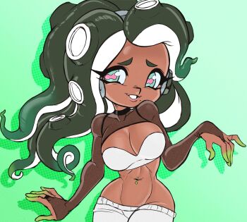 bra breasts cephalopod_eyes cleavage cleft_of_venus dark-skinned_female dark_skin green_eyes headphones highres large_breasts looking_at_viewer marina_(splatoon) midriff navel navel_piercing nintendo octoling piercing splatoon_(series) splatoon_2 teevo tentacle_hair underwear
